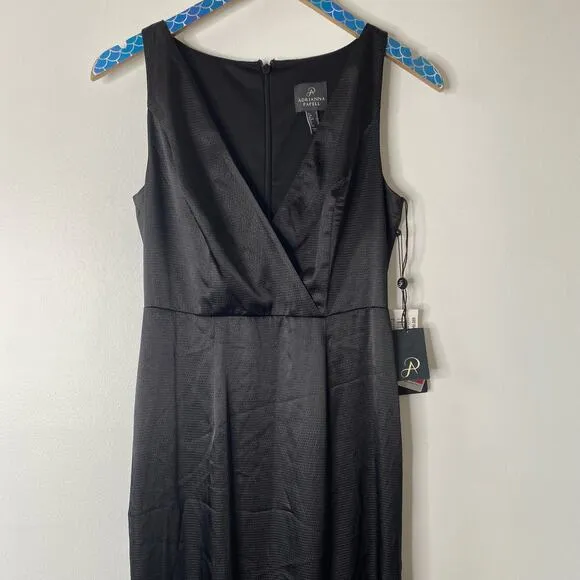 New ADRIANNA PAPELL Black Hammered Satin Slit Maxi Evening Gown Dress Size 2