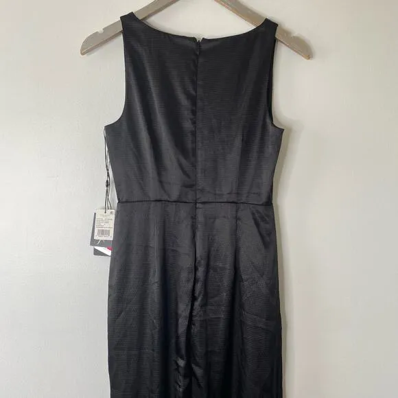 New ADRIANNA PAPELL Black Hammered Satin Slit Maxi Evening Gown Dress Size 2