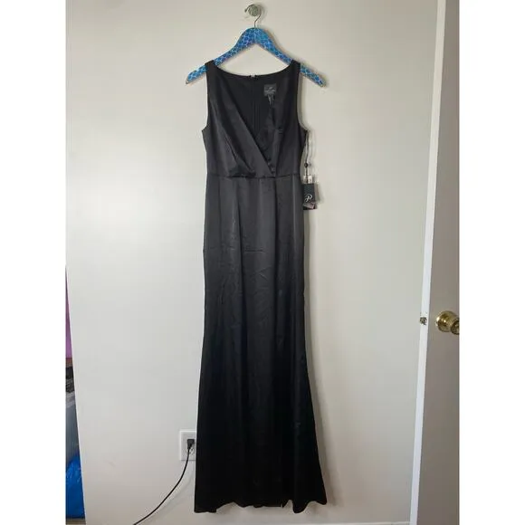 New ADRIANNA PAPELL Black Hammered Satin Slit Maxi Evening Gown Dress Size 2