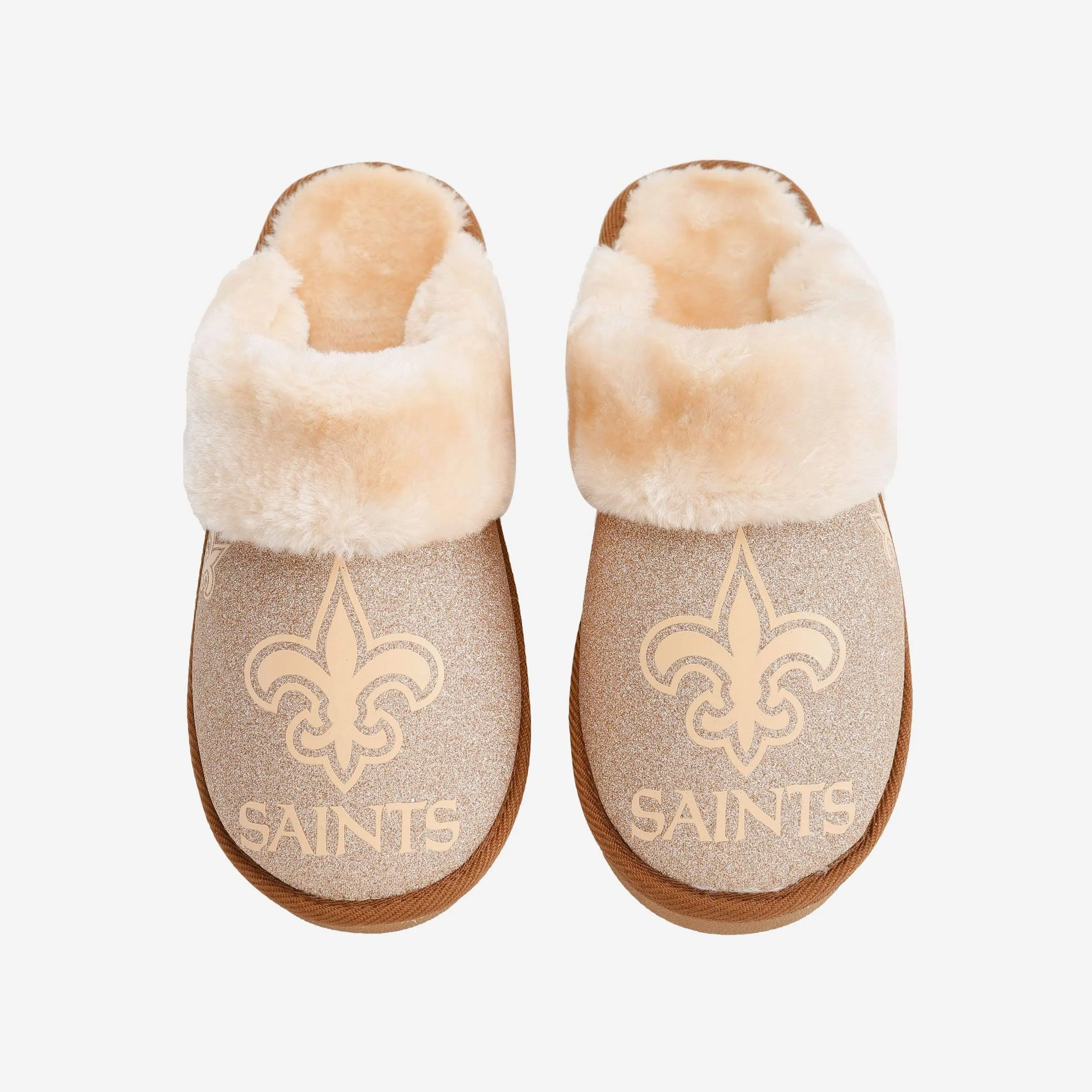 New Orleans Saints Womens Glitter Open Back Fur Moccasin Slipper