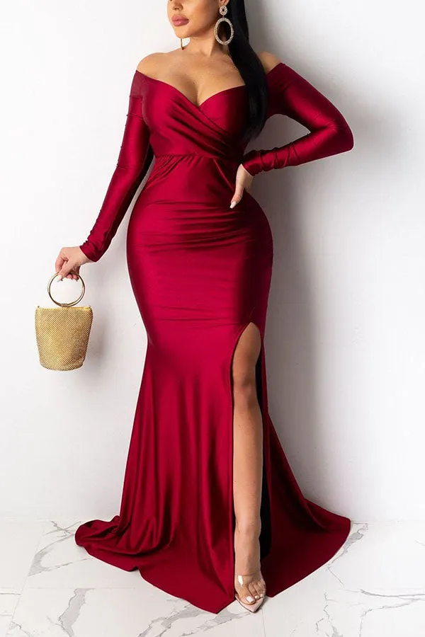 Off Shoulder Ruched Slit Evening Dress