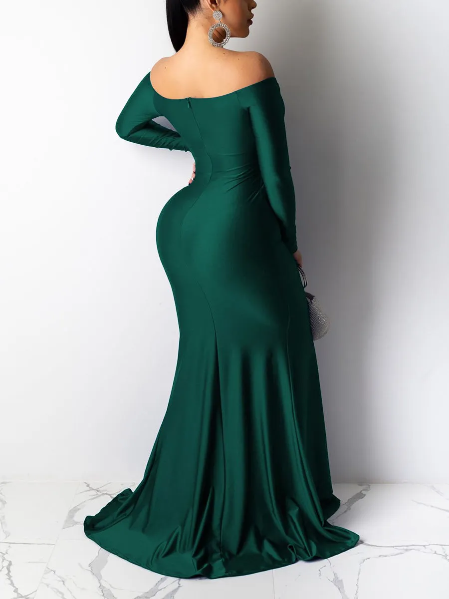 Off Shoulder Ruched Slit Evening Dress