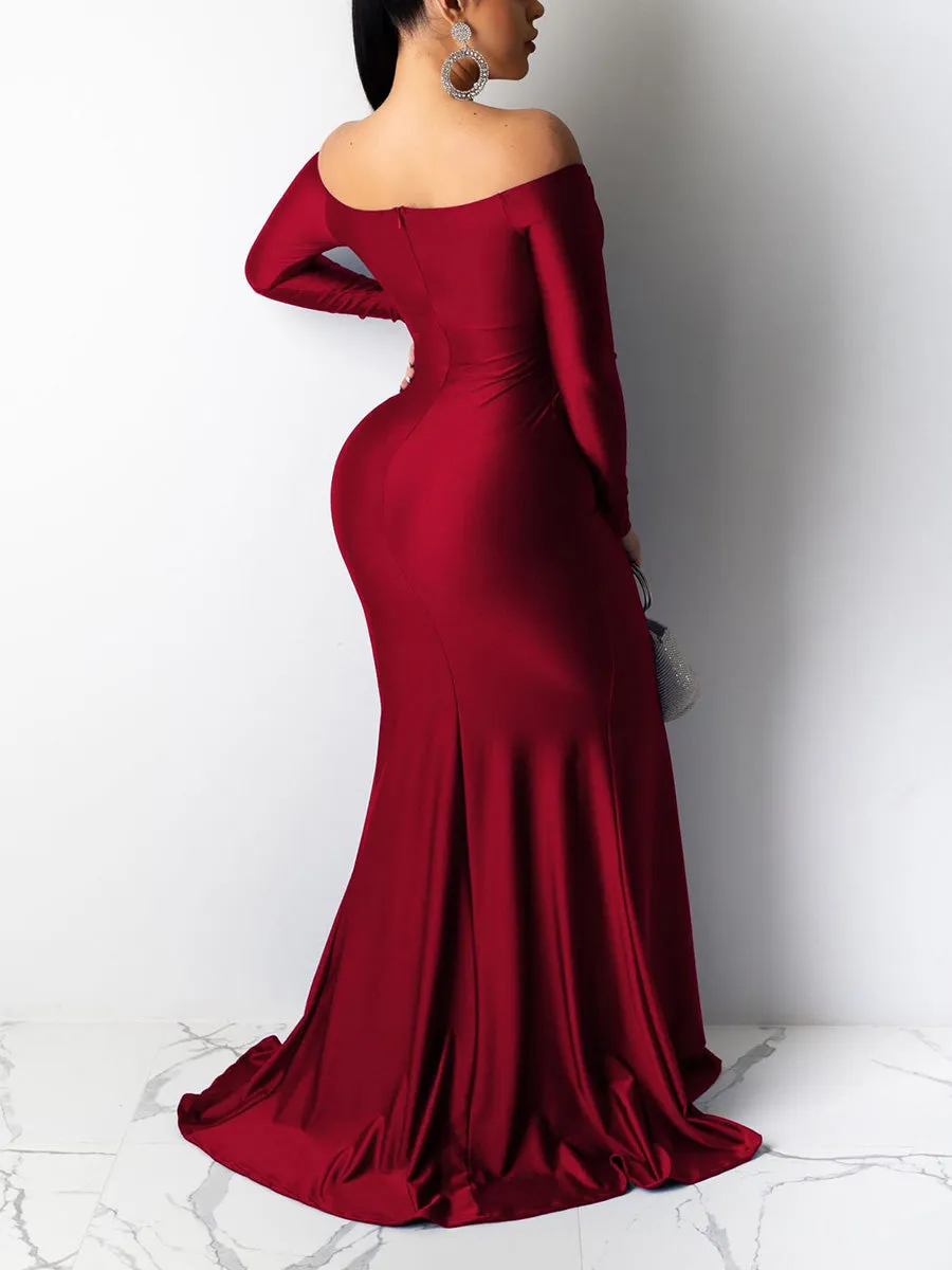Off Shoulder Ruched Slit Evening Dress