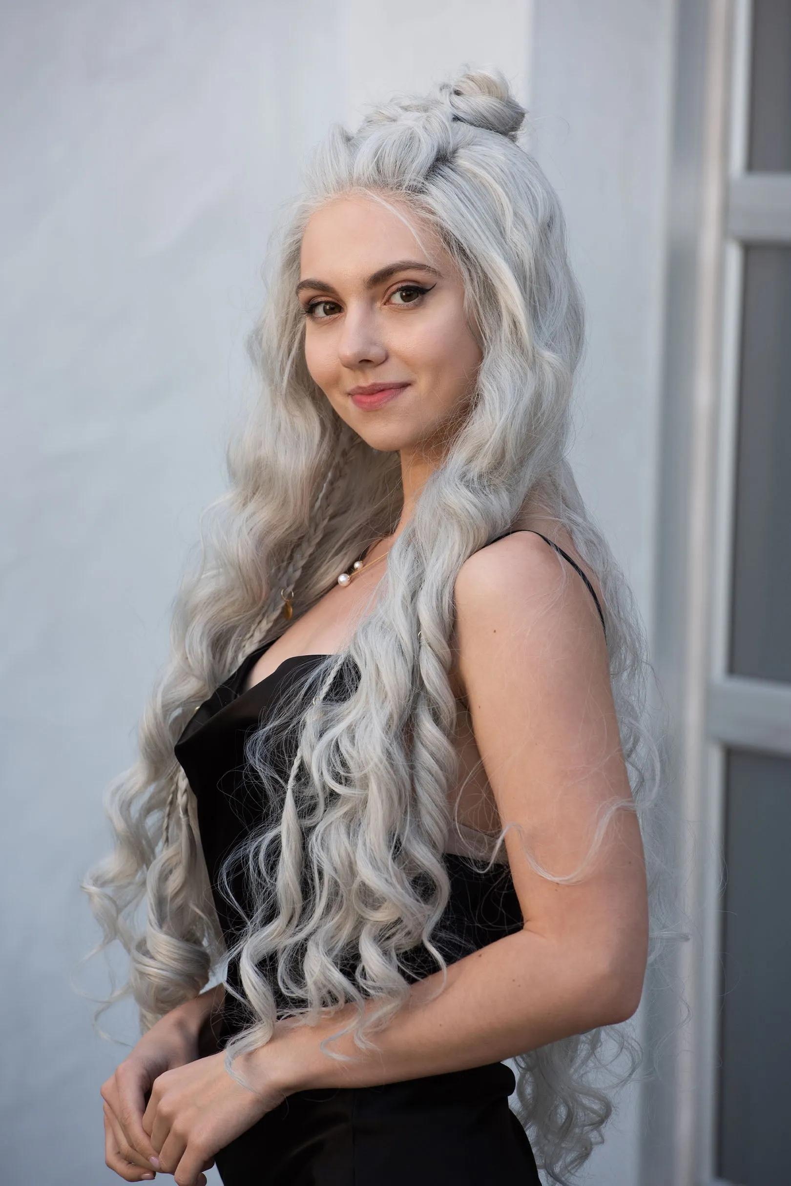 Pearl White Silver Gray Wavy Lace Top Synthetic Wig Daenerys Orla
