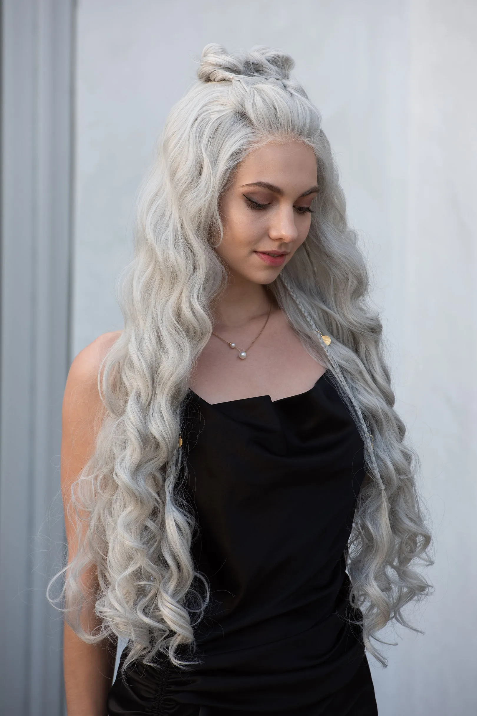 Pearl White Silver Gray Wavy Lace Top Synthetic Wig Daenerys Orla
