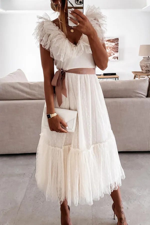 Pink V-neck Mesh Stitching Midi Evening Dress
