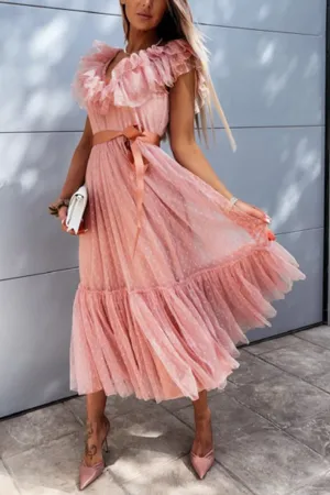 Pink V-neck Mesh Stitching Midi Evening Dress