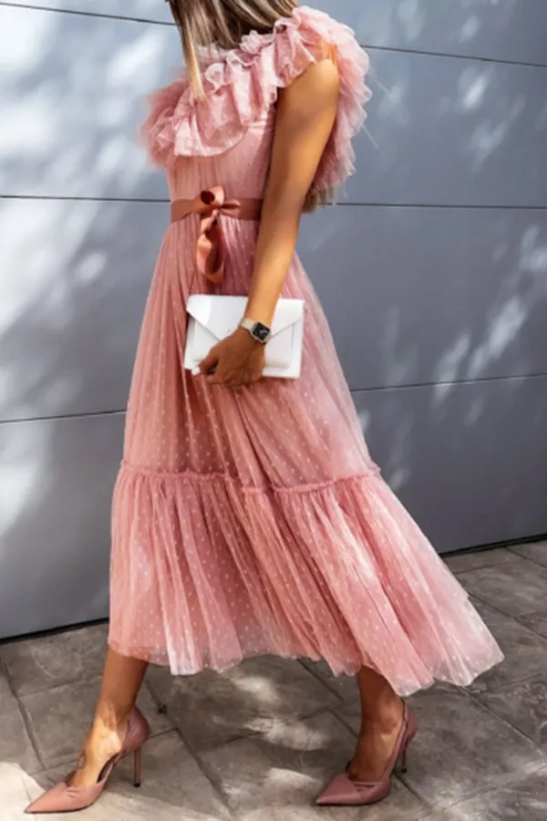 Pink V-neck Mesh Stitching Midi Evening Dress