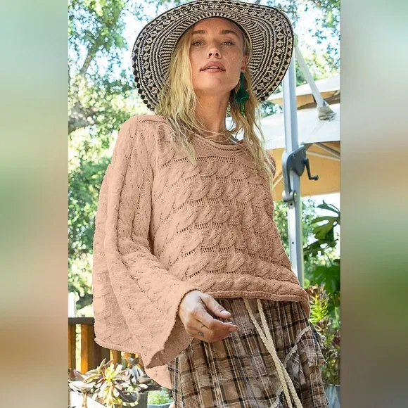 POL Round Neck Knit Oversized Cropped Pull On Sweater Neutral Beige NEW S M L