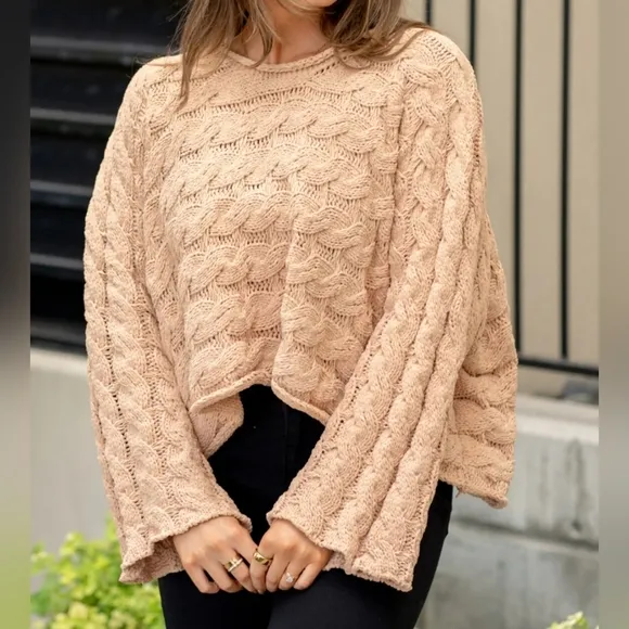 POL Round Neck Knit Oversized Cropped Pull On Sweater Neutral Beige NEW S M L