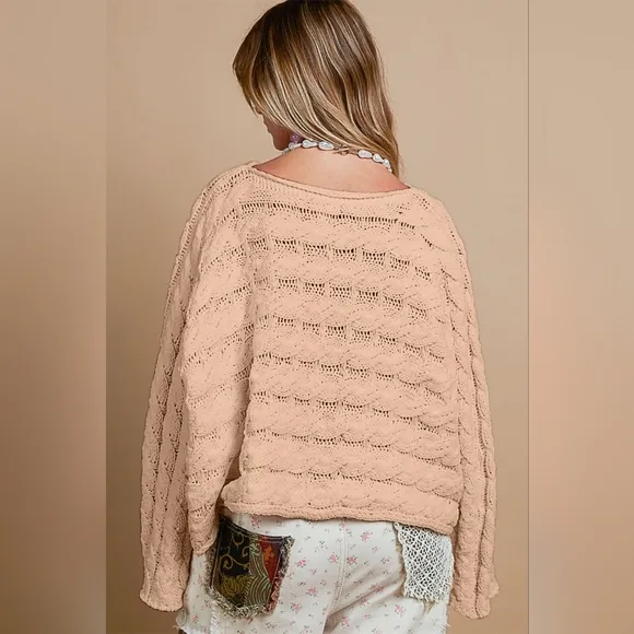 POL Round Neck Knit Oversized Cropped Pull On Sweater Neutral Beige NEW S M L