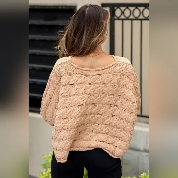 POL Round Neck Knit Oversized Cropped Pull On Sweater Neutral Beige NEW S M L