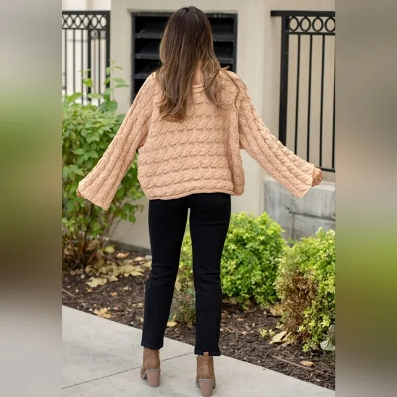 POL Round Neck Knit Oversized Cropped Pull On Sweater Neutral Beige NEW S M L