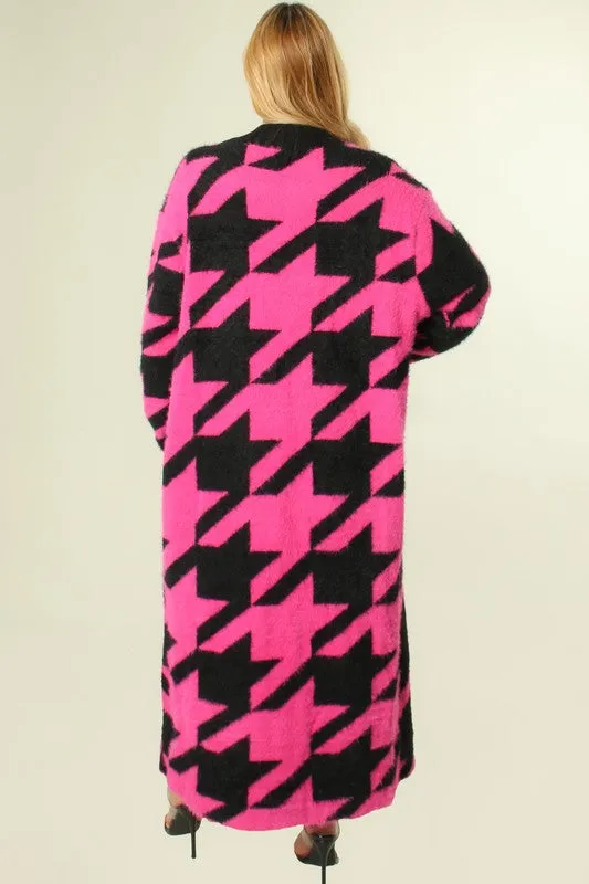 "Houndstooth Smooth" Long Cardigan- Pink