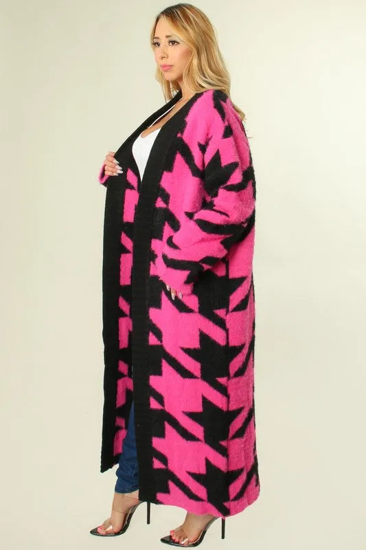 "Houndstooth Smooth" Long Cardigan- Pink