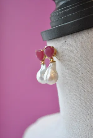 RUBIES AND WHITE JUMBO GRESHWAETR PEARLS ELEGANT EARRINGS
