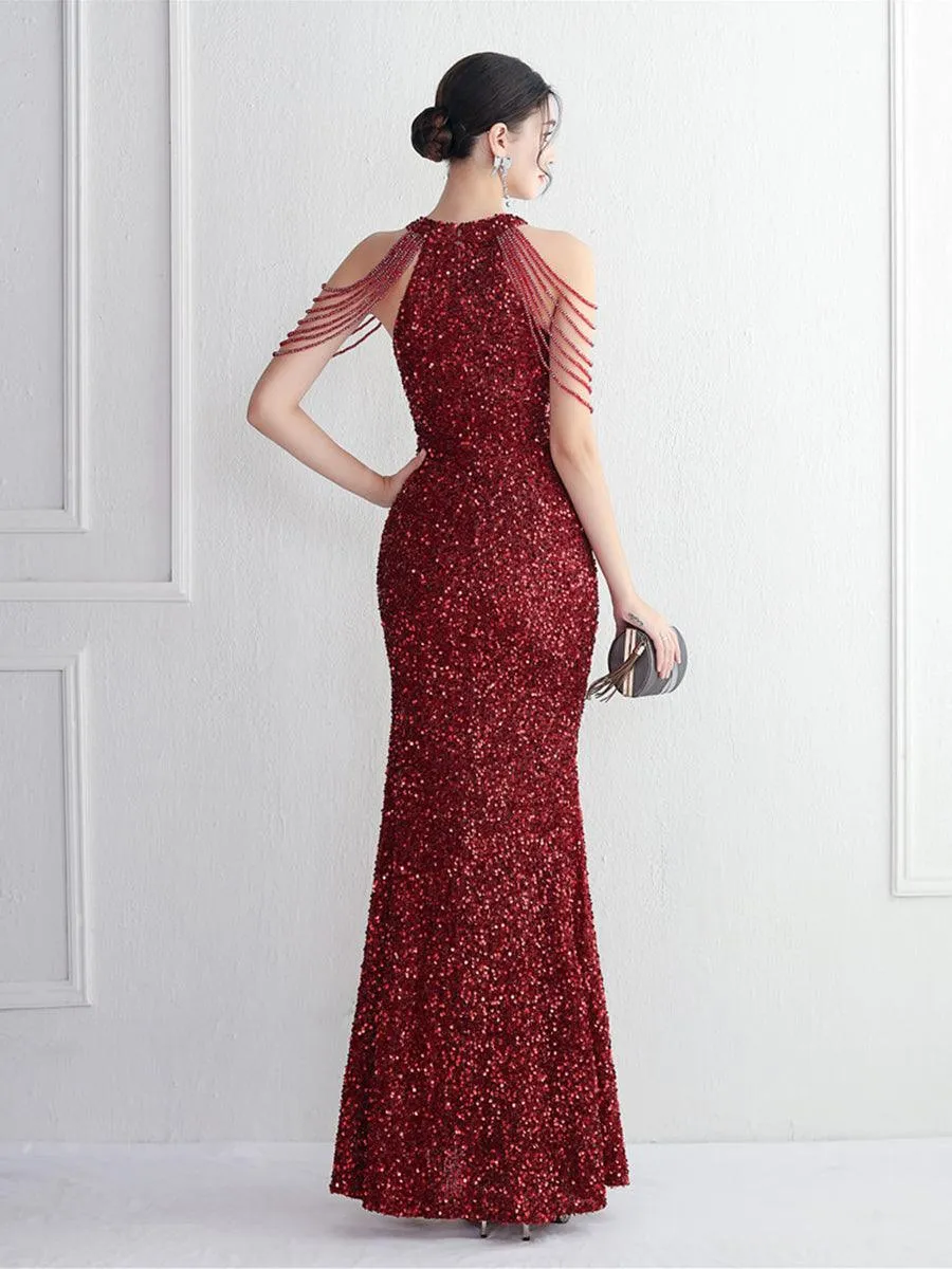 Sequin Beads Chain Split Elegant Cocktail Dress MYC2003