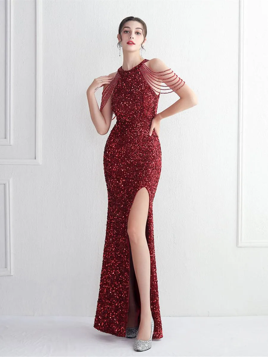 Sequin Beads Chain Split Elegant Cocktail Dress MYC2003