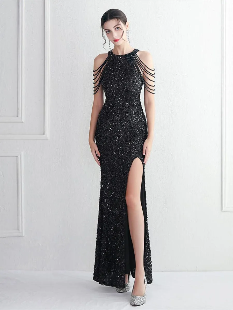Sequin Beads Chain Split Elegant Cocktail Dress MYC2003