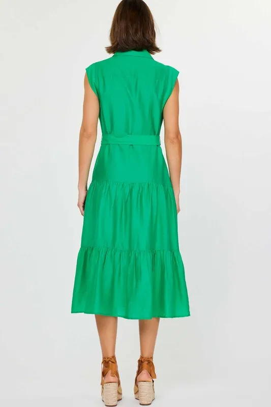 Shirt Collar Cap Sleeve Tiered Midi Dress