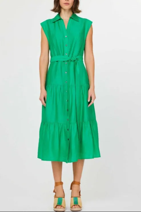 Shirt Collar Cap Sleeve Tiered Midi Dress
