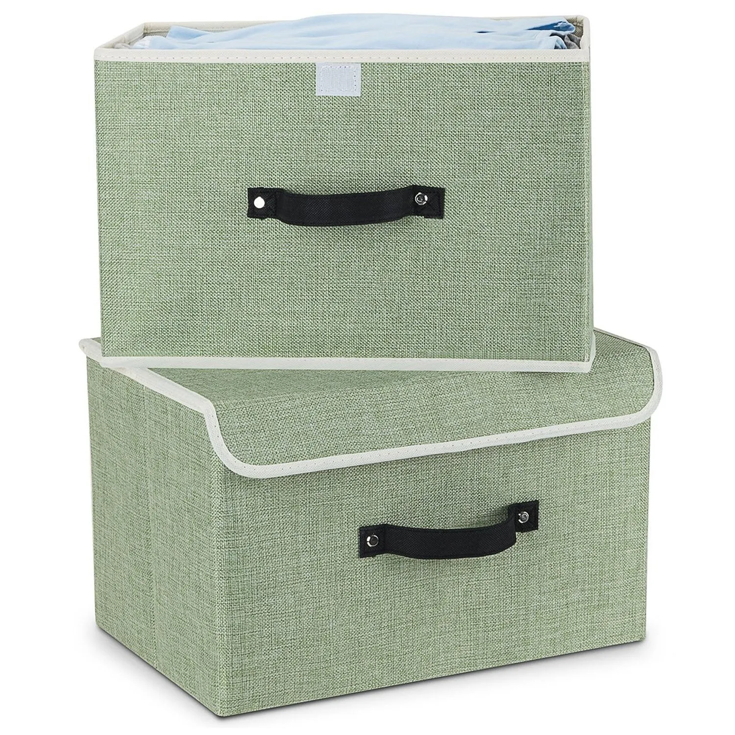Storage Bins,Mee'life Set of Two Foldable Storage Box with Lids and Handles Storage Basket Storage Needs Containers Organizer With Built-in Cotton Fabric Closet Drawer Removable Dividers (Light Green)