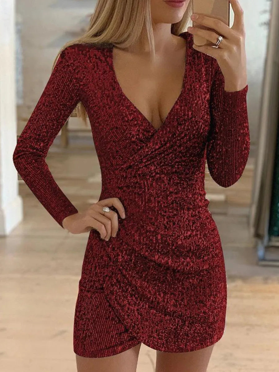 Surplice Wrap Ruched Sequins Bodycon Dress