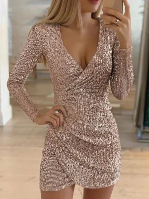 Surplice Wrap Ruched Sequins Bodycon Dress