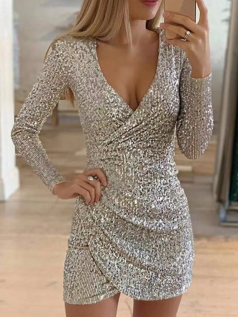 Surplice Wrap Ruched Sequins Bodycon Dress