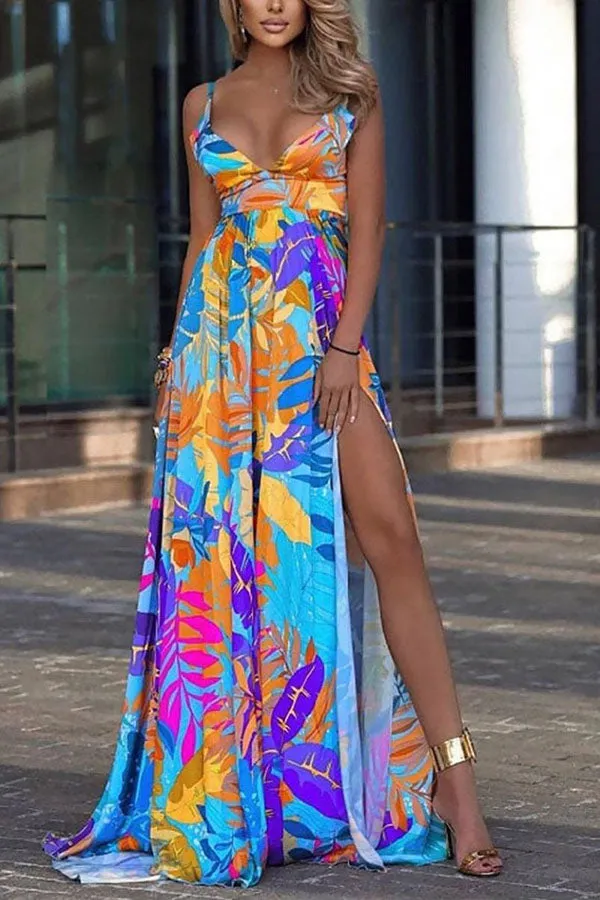 Suspender Leaf Print Dress