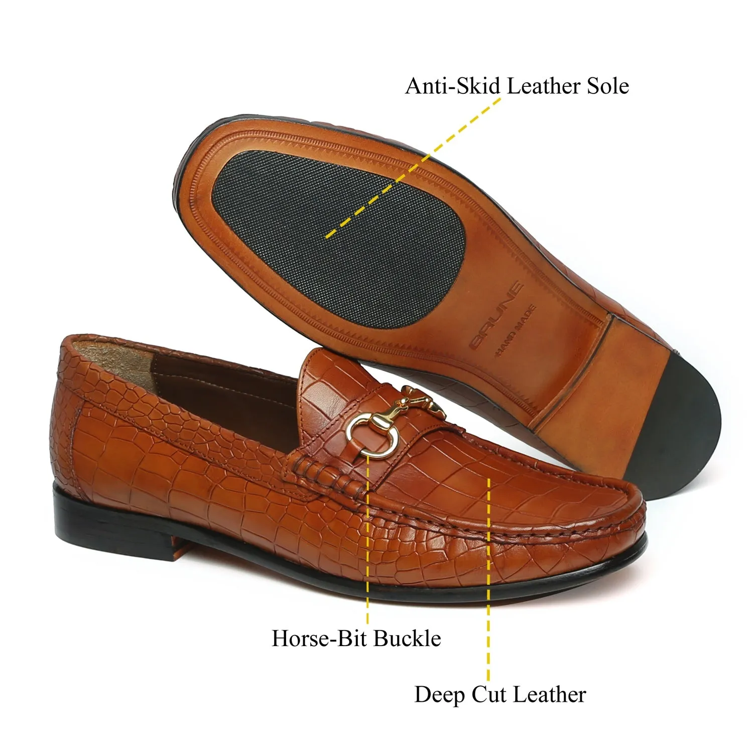 Tan Croco Texture Leather Loafers with Horse-Bit Buckle