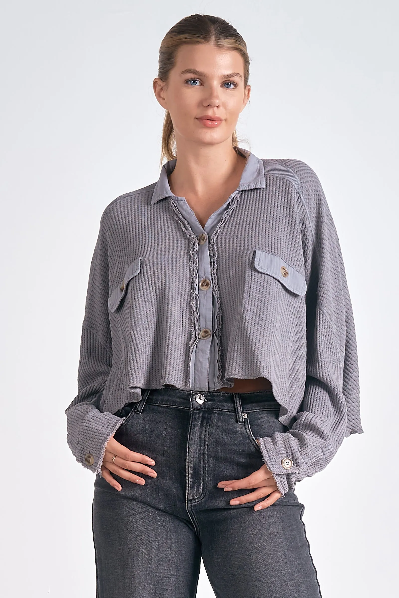 The Harlowe Waffle Knit Cropped Shacket