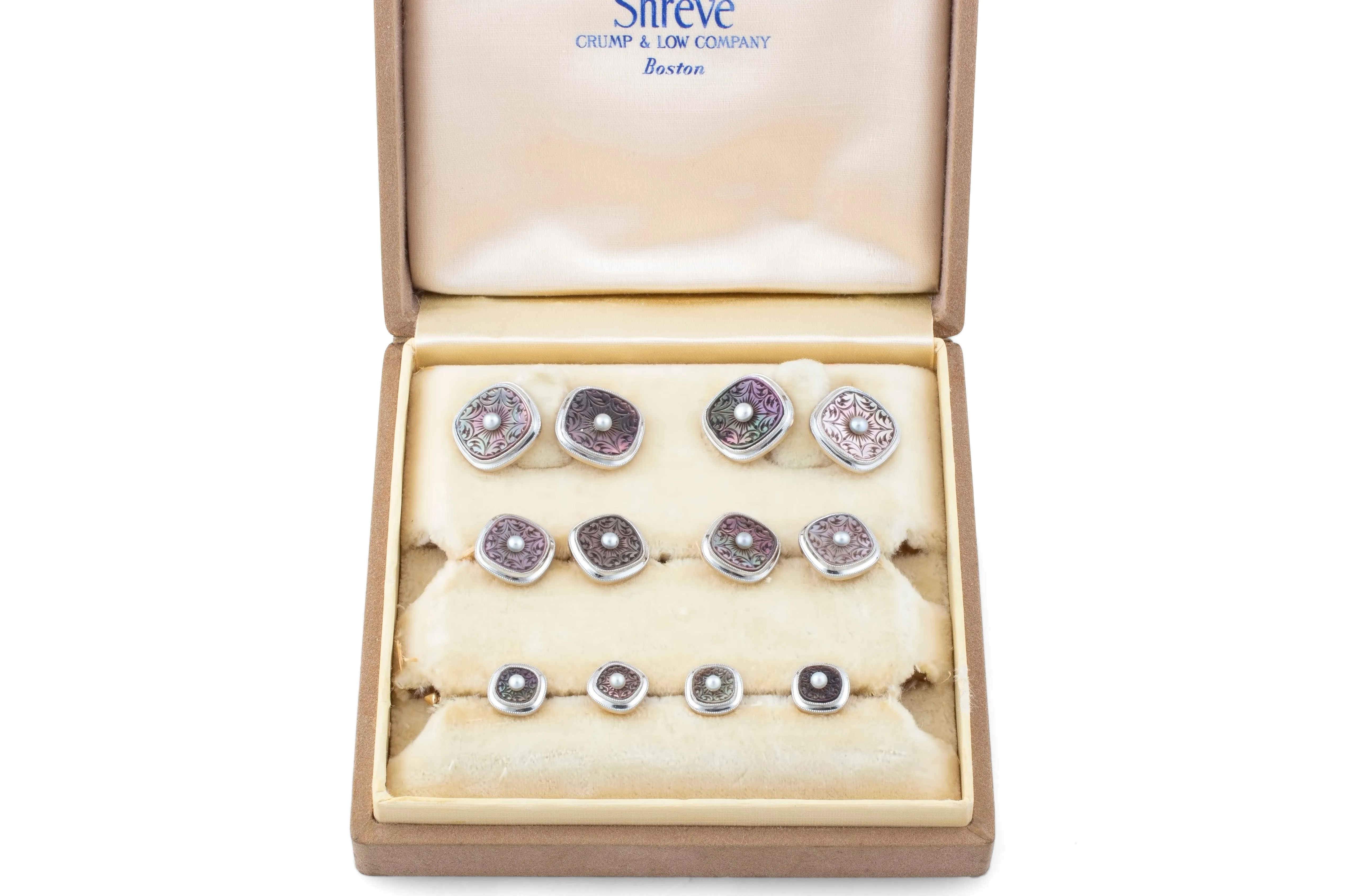 Tuxedo Set - Art Deco Etched Smoky Pearl & 14K Gold