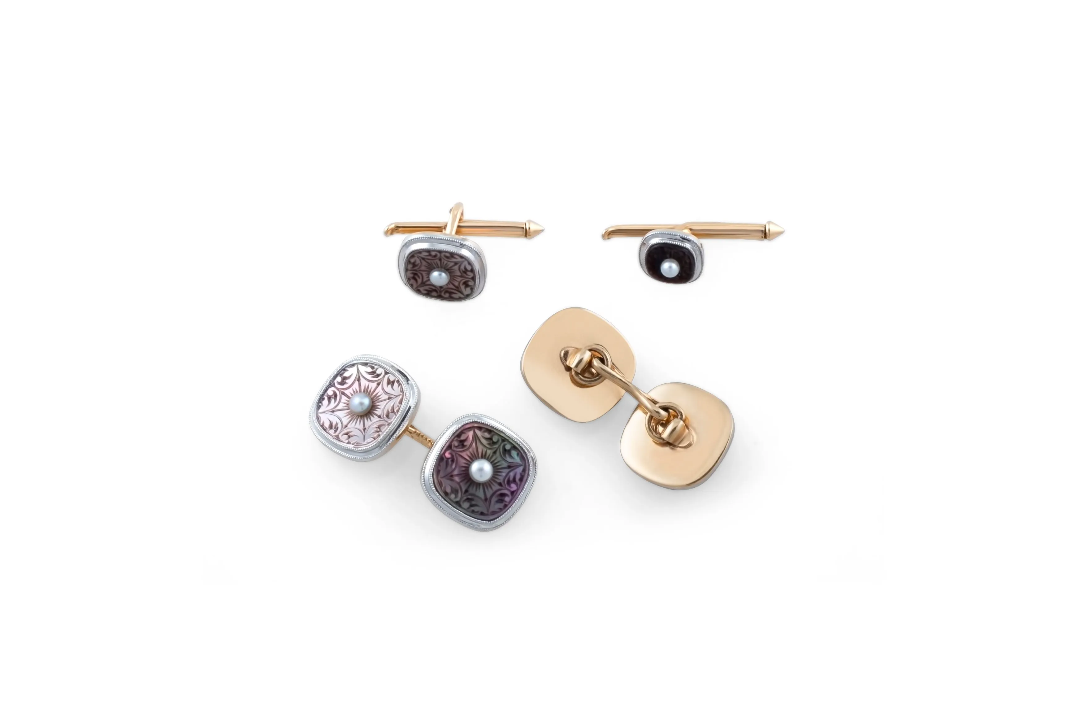Tuxedo Set - Art Deco Etched Smoky Pearl & 14K Gold