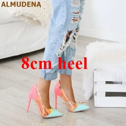 Vibrant Neon Pink Heels with Clear PVC and Iridescent Panels