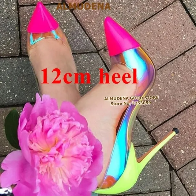 Vibrant Neon Pink Heels with Clear PVC and Iridescent Panels