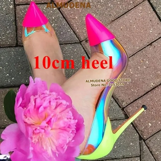Vibrant Neon Pink Heels with Clear PVC and Iridescent Panels