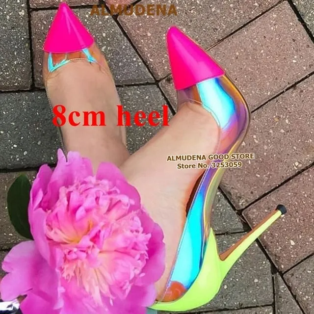 Vibrant Neon Pink Heels with Clear PVC and Iridescent Panels