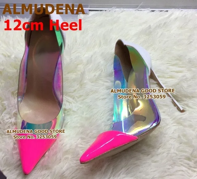 Vibrant Neon Pink Heels with Clear PVC and Iridescent Panels