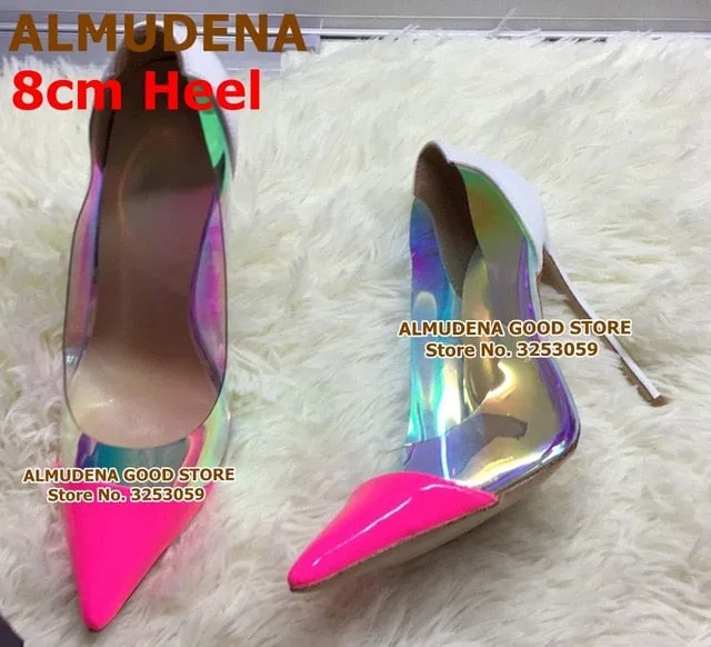Vibrant Neon Pink Heels with Clear PVC and Iridescent Panels