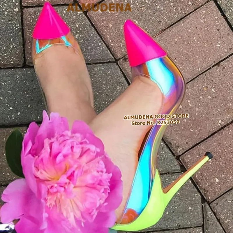 Vibrant Neon Pink Heels with Clear PVC and Iridescent Panels