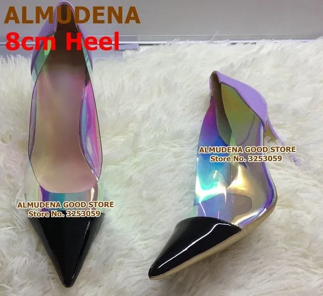 Vibrant Neon Pink Heels with Clear PVC and Iridescent Panels