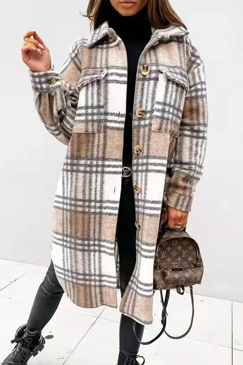 Vintage Elegant Plaid Buckle Turndown Collar Outerwear