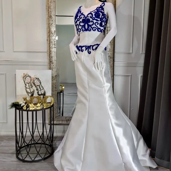 White &amp; Blue Two Piece Formal Evening Prom Dress