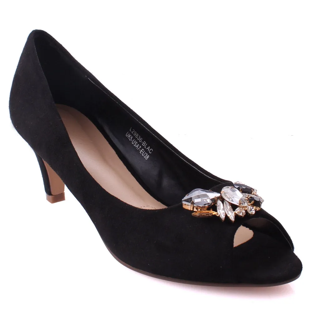 Women “BERNICE” Stone Embellished Vamp Peep Toe Kitten Heel Shoes